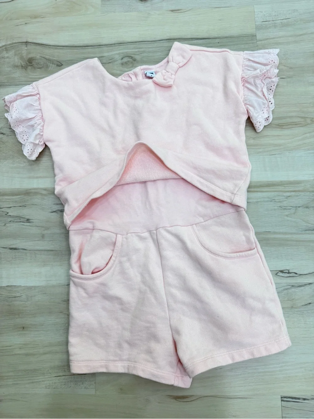 Janie & Jack one piece pink ruffle bow romper jumpsuit comfy cotton blend Sz 7